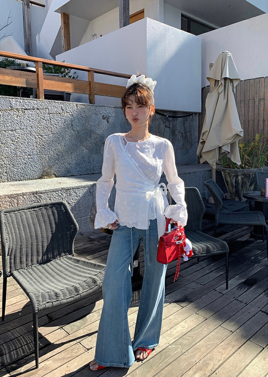 Intricate Lace Trim Cross-Tie Blouse