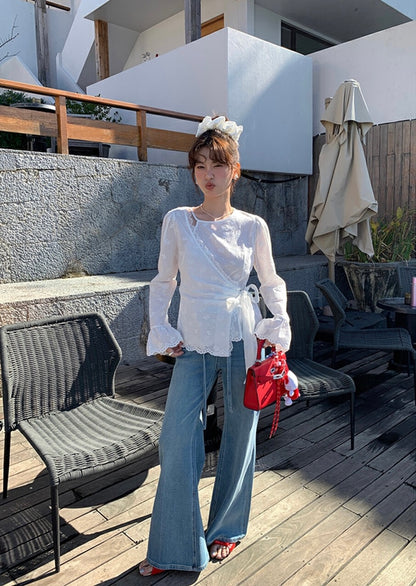 Intricate Lace Trim Cross-Tie Blouse