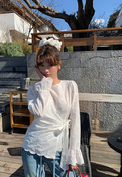 Intricate Lace Trim Cross-Tie Blouse