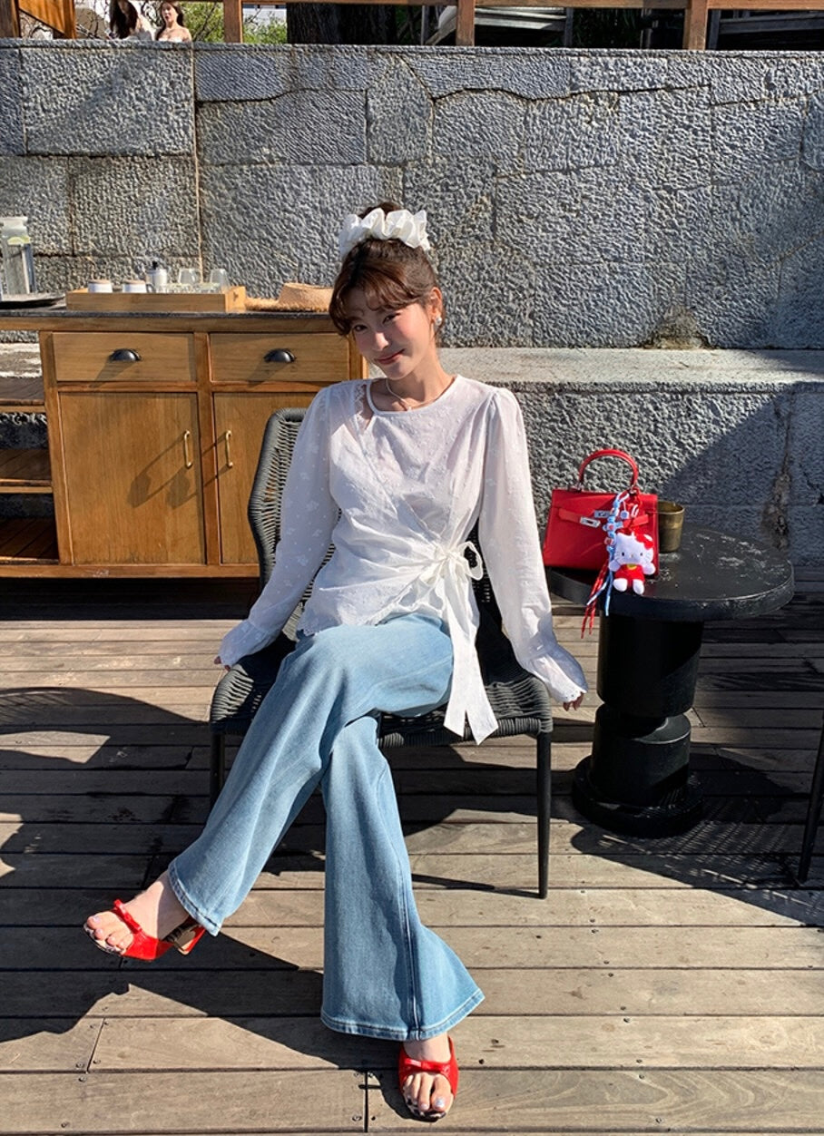 Intricate Lace Trim Cross-Tie Blouse