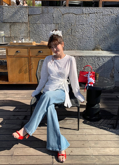 Intricate Lace Trim Cross-Tie Blouse