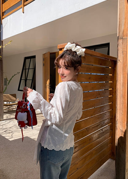 Intricate Lace Trim Cross-Tie Blouse