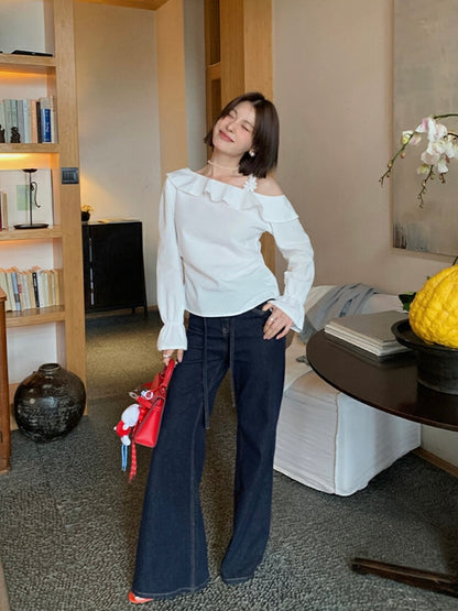 立體花斜肩荷葉邊top