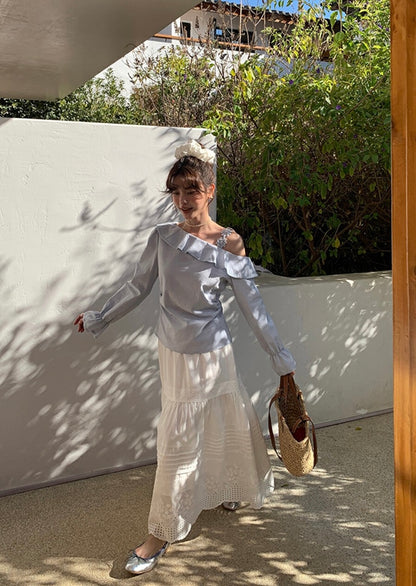 立體花斜肩荷葉邊top