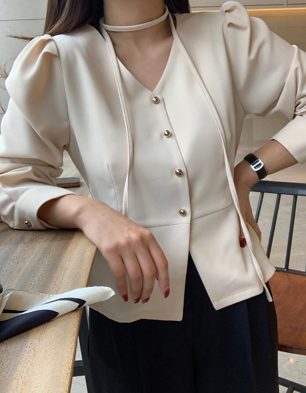 V領收腰單排扣恤衫