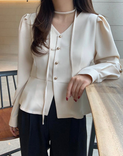 V領收腰單排扣恤衫