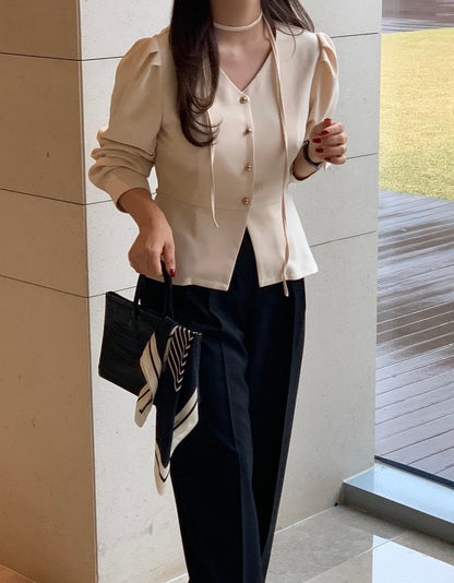 V領收腰單排扣恤衫