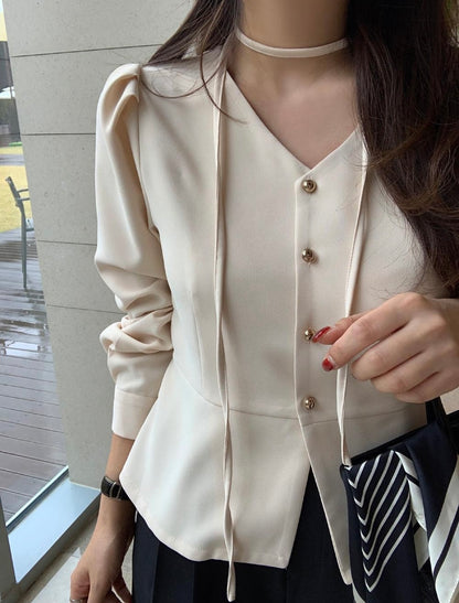 V領收腰單排扣恤衫