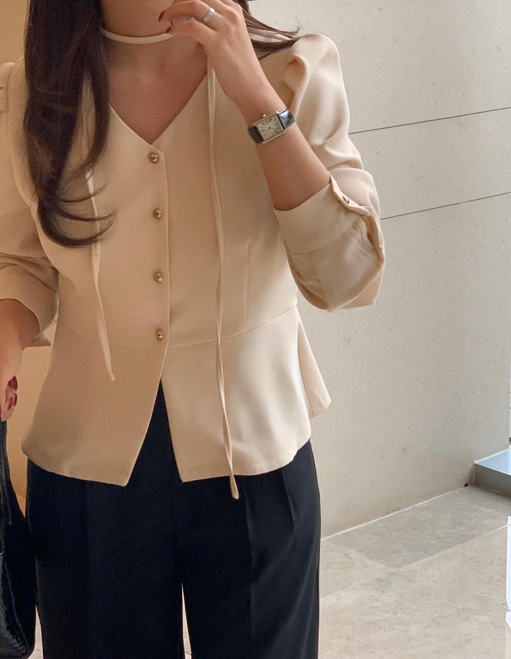 V領收腰單排扣恤衫