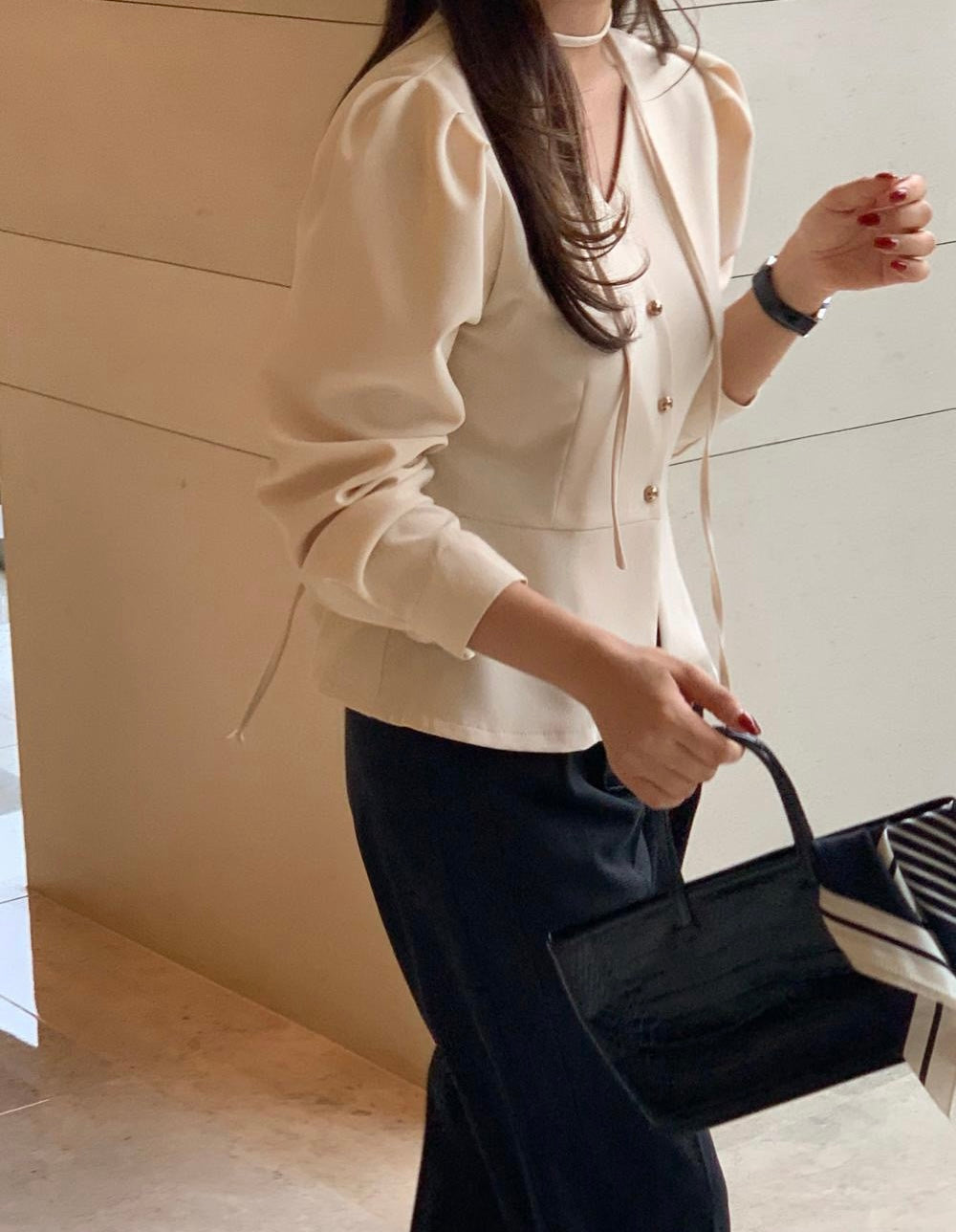 V領收腰單排扣恤衫