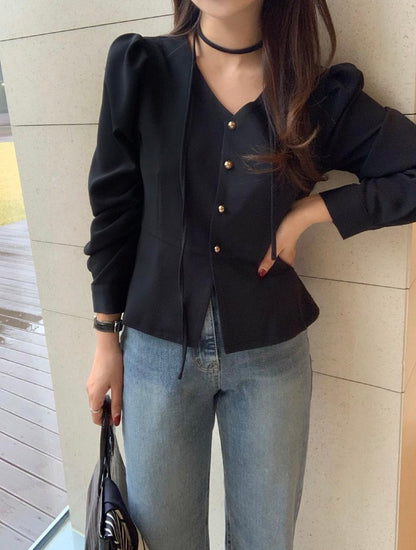 V領收腰單排扣恤衫