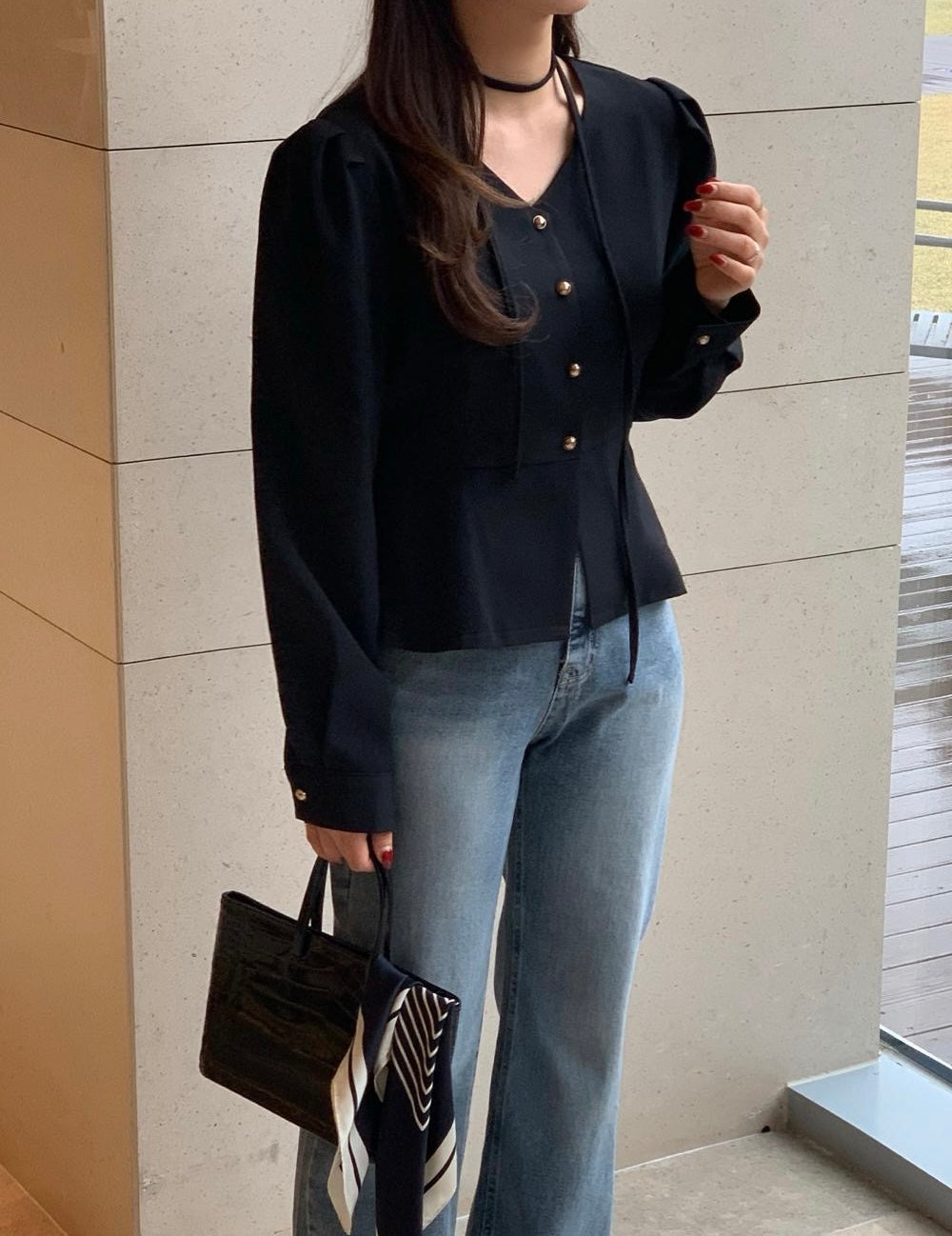 V領收腰單排扣恤衫