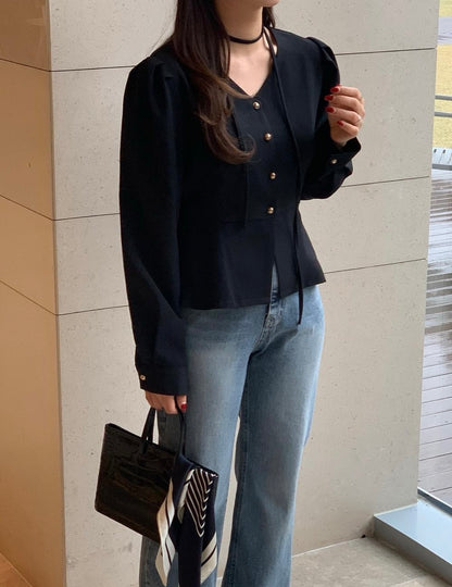 V領收腰單排扣恤衫