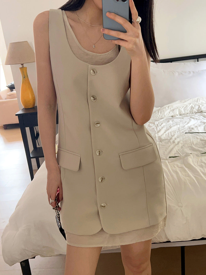 方領スーツベストワンピース+チュールインナースカートセット