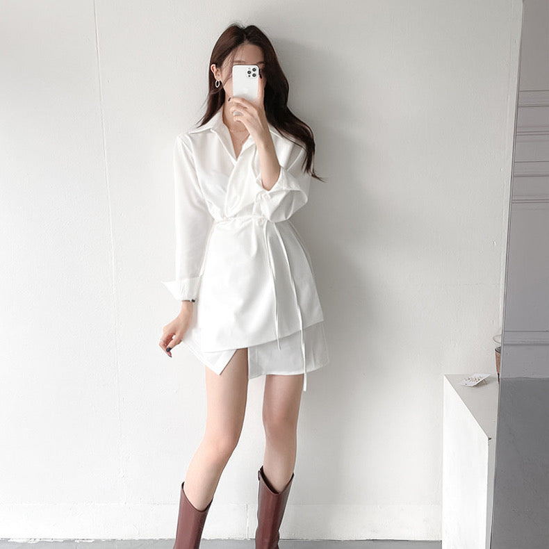 優雅翻領系帶不規則恤衫裙