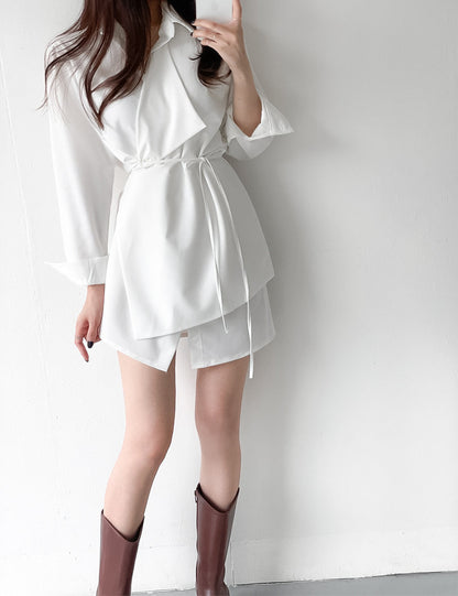 優雅翻領系帶不規則恤衫裙