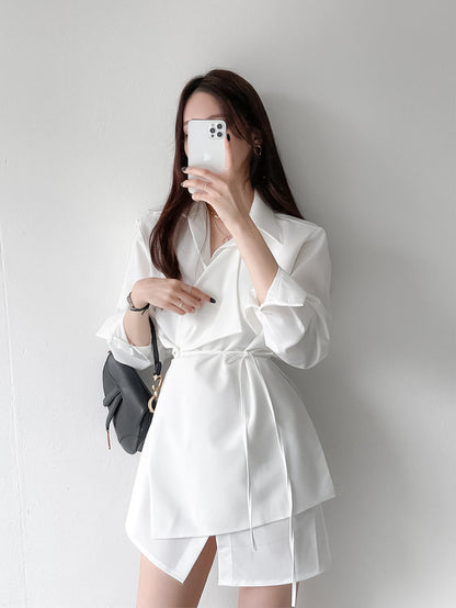 優雅翻領系帶不規則恤衫裙