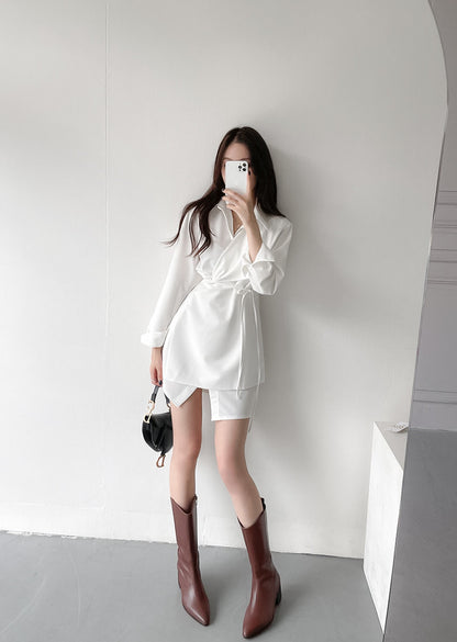 優雅翻領系帶不規則恤衫裙
