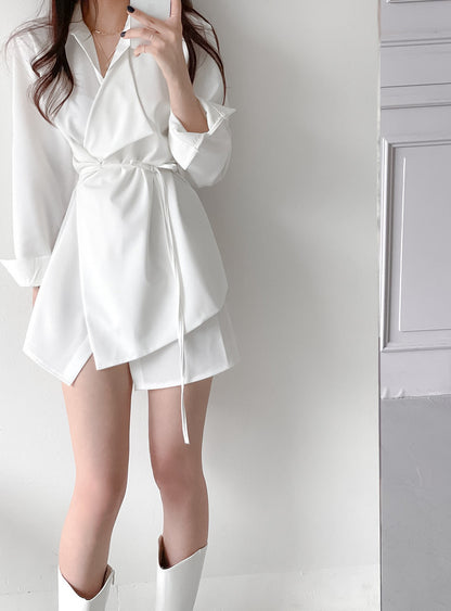 優雅翻領系帶不規則恤衫裙