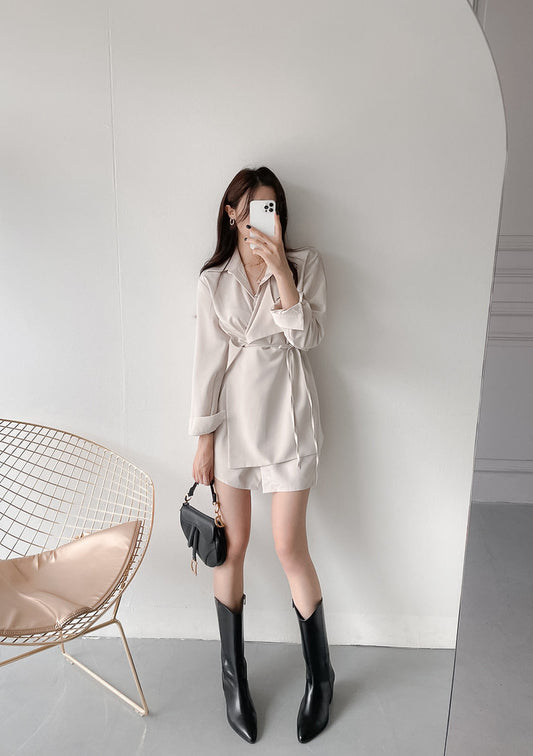 優雅翻領系帶不規則恤衫裙