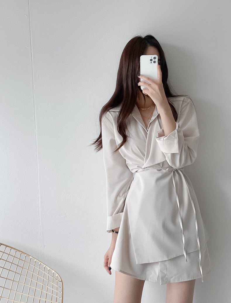 優雅翻領系帶不規則恤衫裙