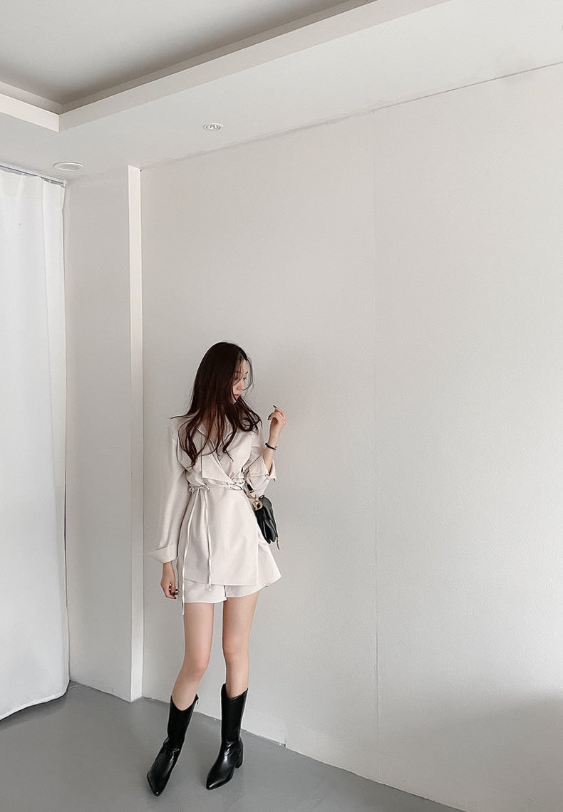 優雅翻領系帶不規則恤衫裙