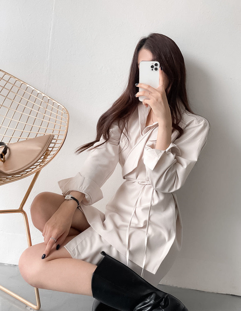 優雅翻領系帶不規則恤衫裙