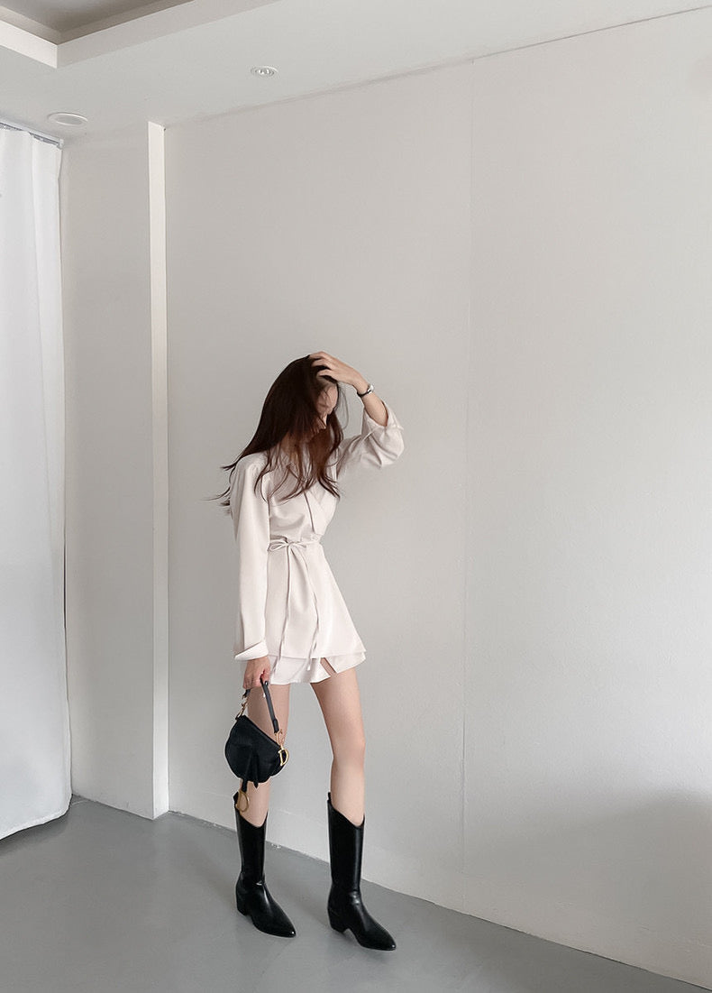 優雅翻領系帶不規則恤衫裙