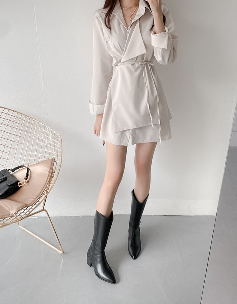 優雅翻領系帶不規則恤衫裙