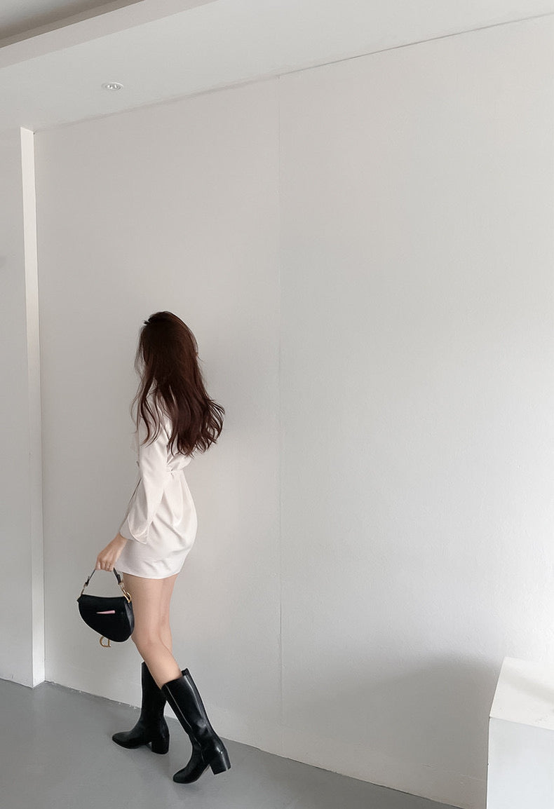 優雅翻領系帶不規則恤衫裙