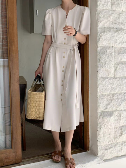 V-neck gold button belted waist dress