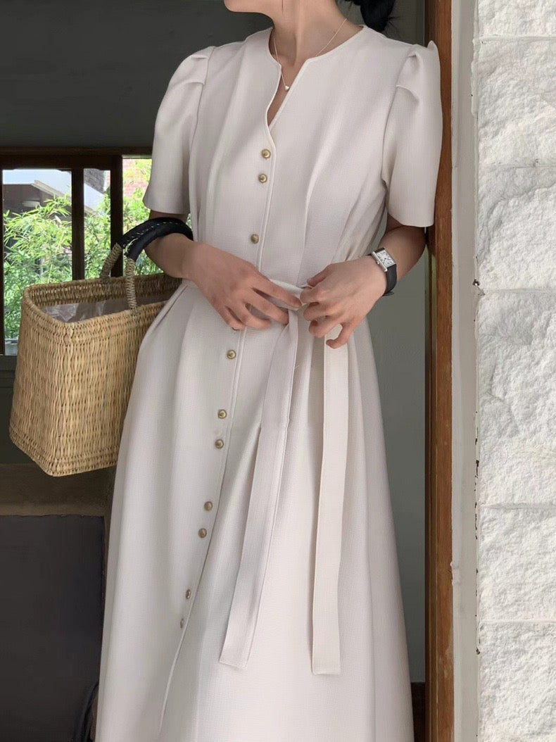 V-neck gold button belted waist dress