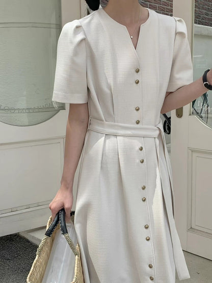 V-neck gold button belted waist dress