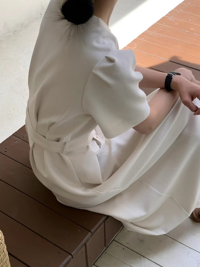 V-neck gold button belted waist dress