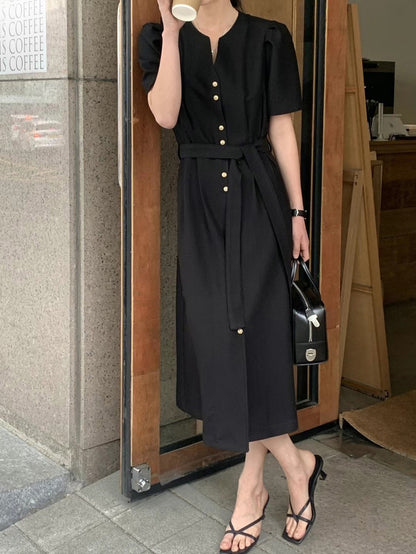 V-neck gold button belted waist dress