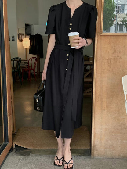 V-neck gold button belted waist dress