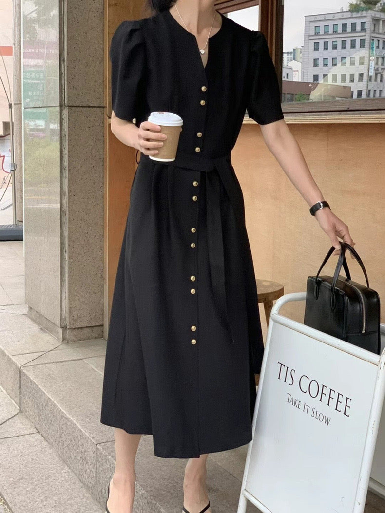 V-neck gold button belted waist dress