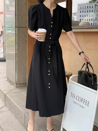 V-neck gold button belted waist dress