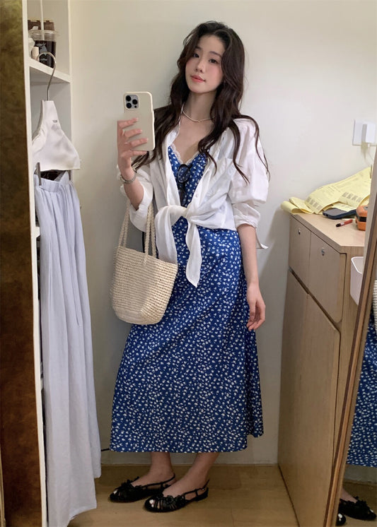藍色小碎花吊帶裙