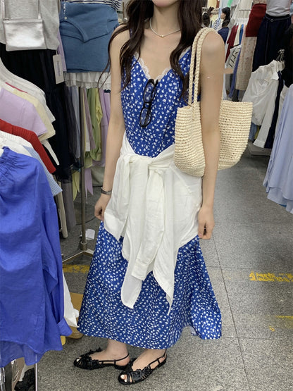 Blue Floral Spaghetti Strap Dress