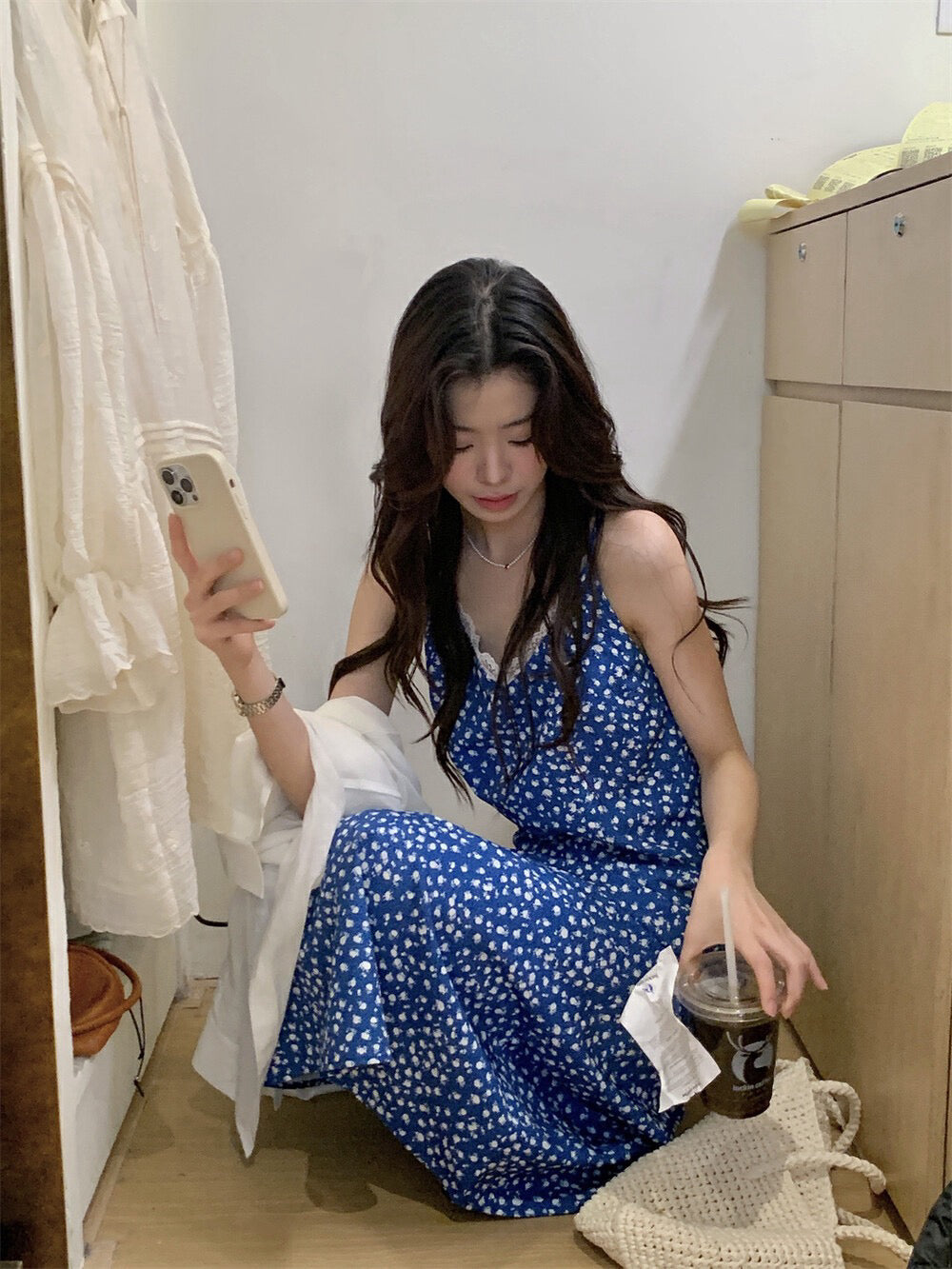 Blue Floral Spaghetti Strap Dress