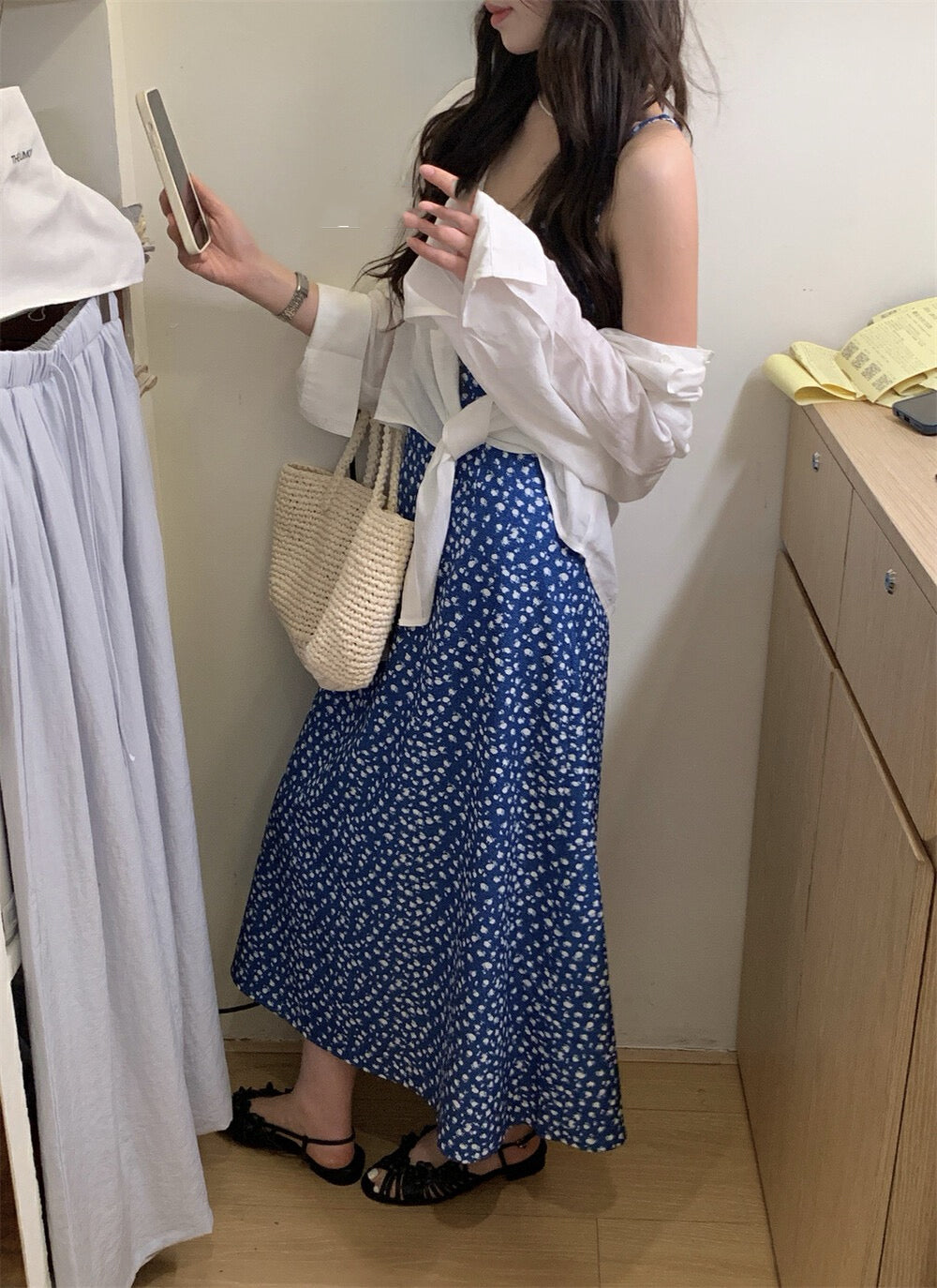 Blue Floral Spaghetti Strap Dress