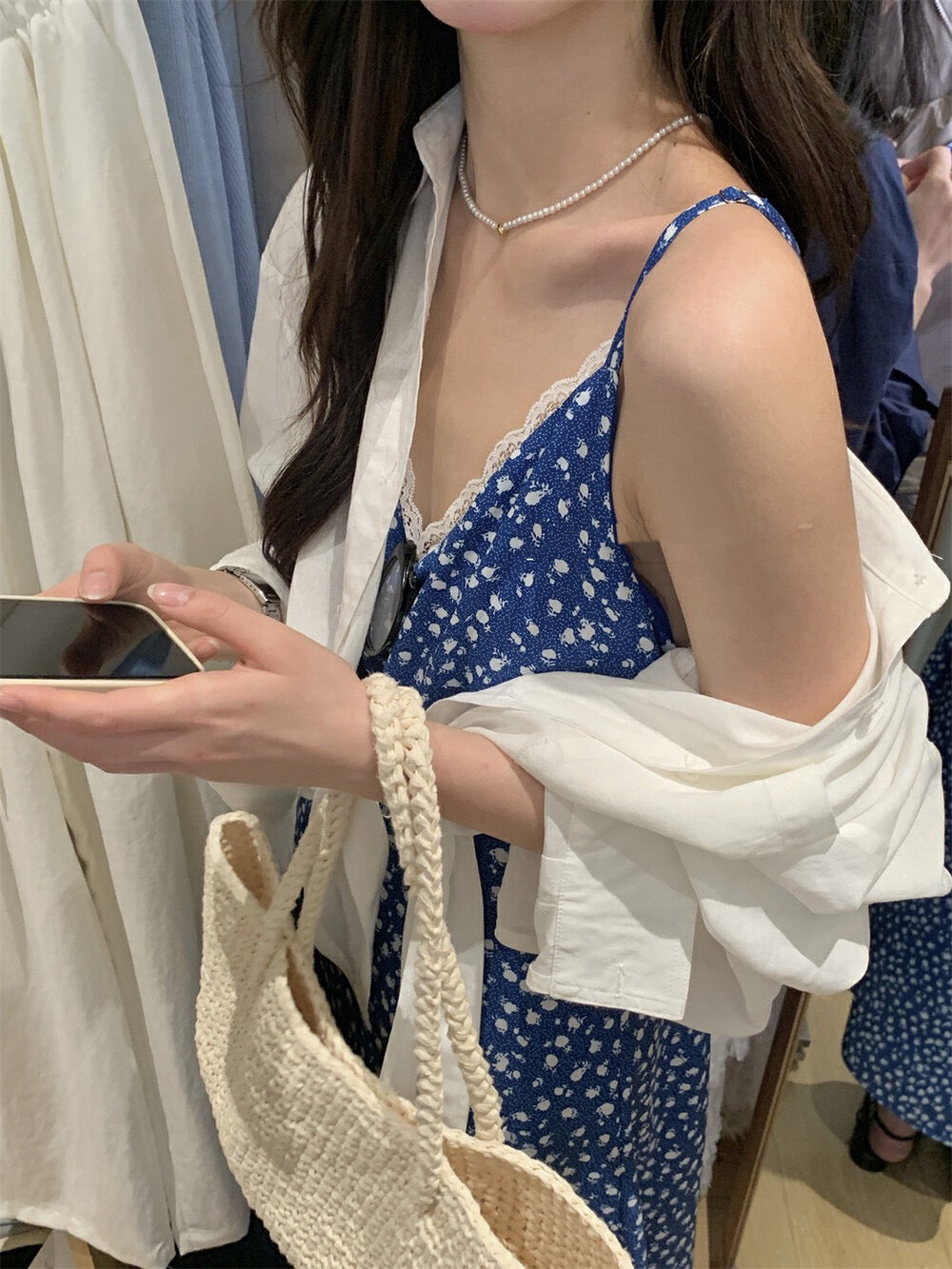 Blue Floral Spaghetti Strap Dress