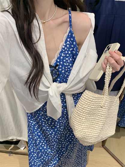 Blue Floral Spaghetti Strap Dress