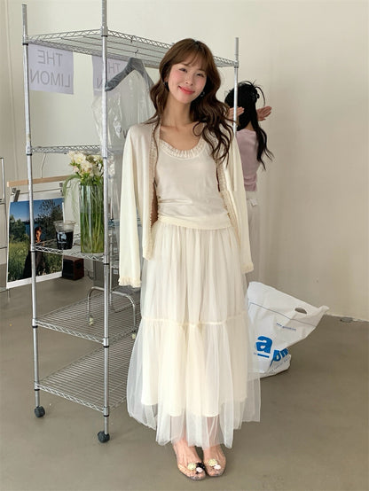 Lace Trim Tie-Front Cardigan + Camisole Set