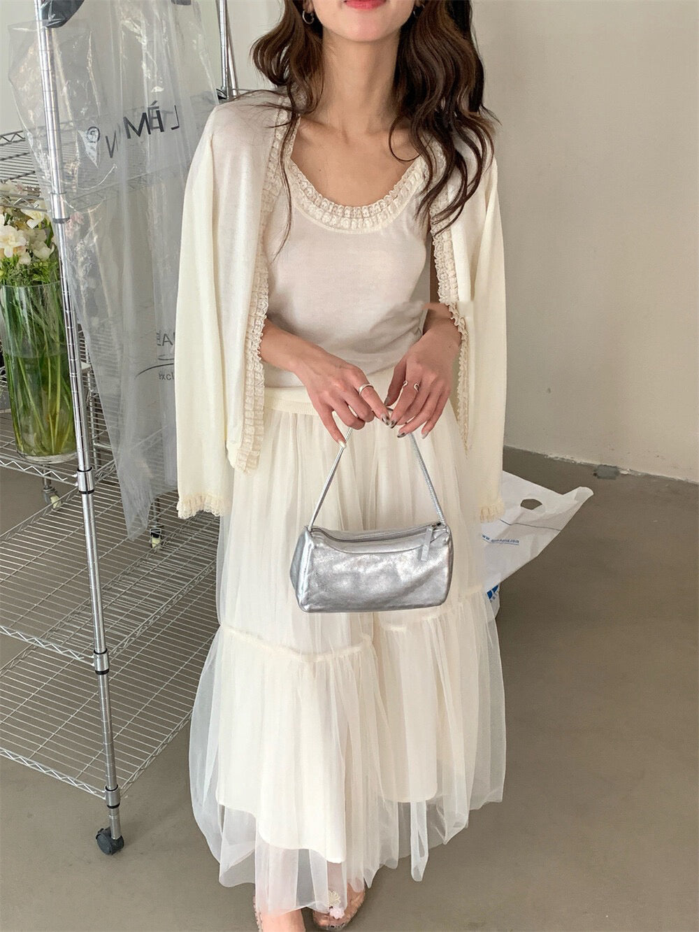 Lace Trim Tie-Front Cardigan + Camisole Set