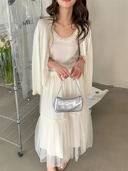 Lace Trim Tie-Front Cardigan + Camisole Set