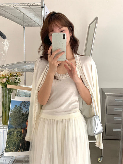 Lace Trim Tie-Front Cardigan + Camisole Set
