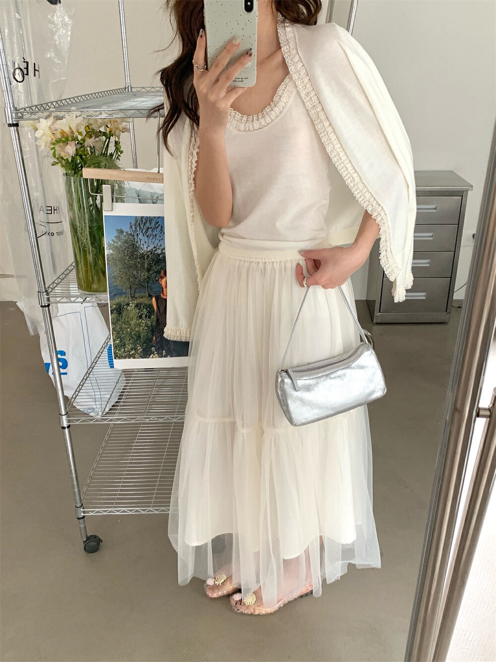 Lace Trim Tie-Front Cardigan + Camisole Set