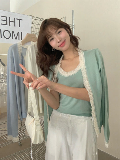 Lace Trim Tie-Front Cardigan + Camisole Set
